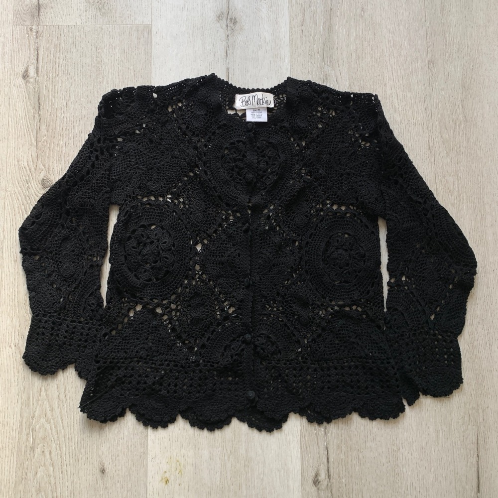 Rare Vintage Bob Mackie Original Line Black Open Crochet Cardigan Jacket Size M